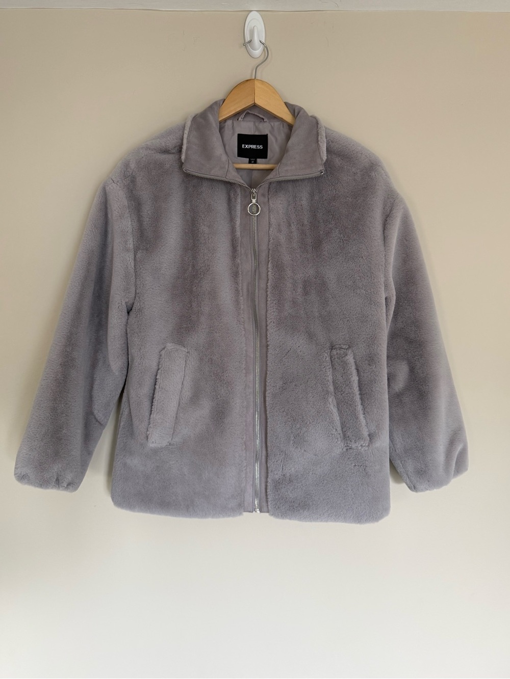 Express Faux Fur Plush Zip-Up Gray Bomber Jacket with Pockets Sz XS